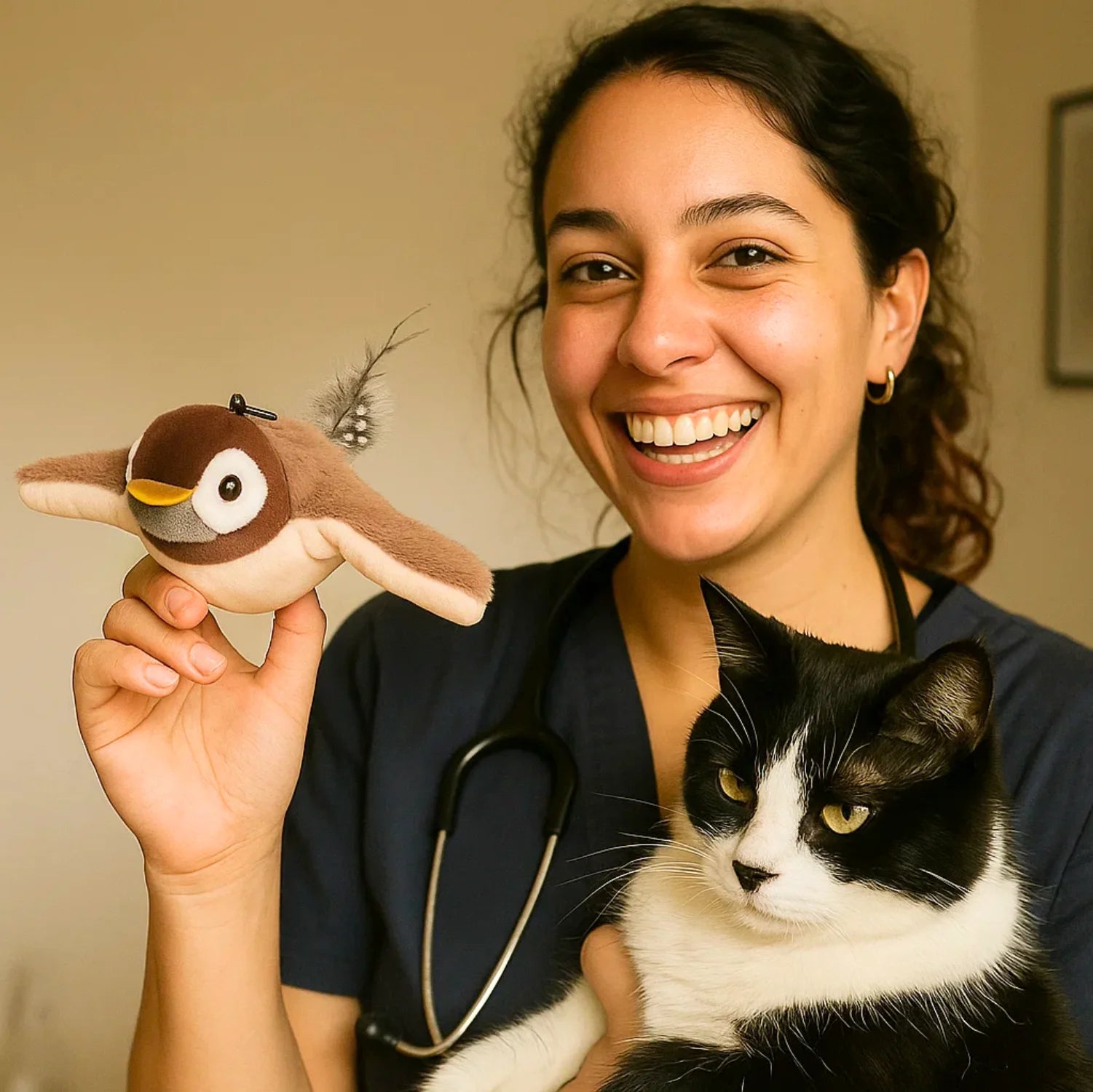 Veterinária sorridente segurando um gato preto e branco e mostrando brinquedo de passarinho com penas, em ambiente acolhedor