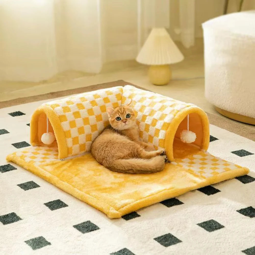 Túnel Interativo para Gatos com Tapete | Instinto Tocaia, Caça e Descanso