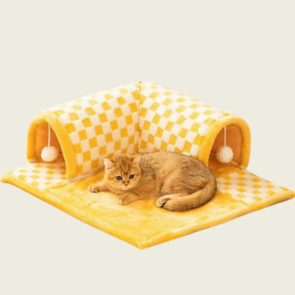 Túnel Interativo para Gatos com Tapete | Instinto Tocaia, Caça e Descanso